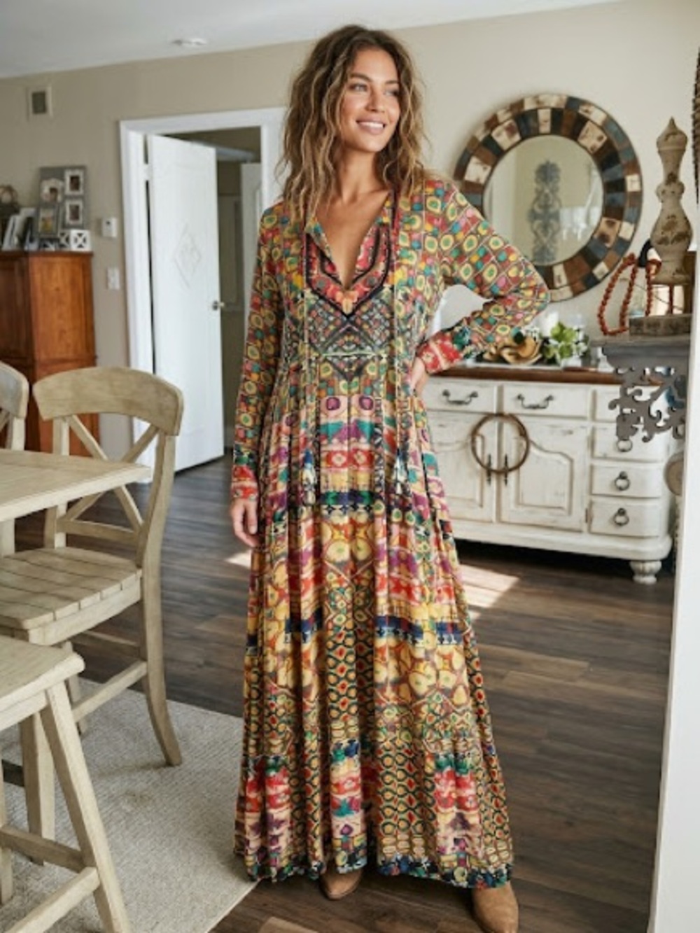 HEMANT & NANDITA Multicolor Boho Maxi Dress with Mosaic Print